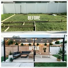 before and after pictures of an outdoor living area with grass growing in the back yard