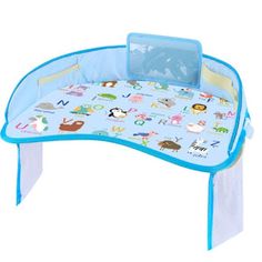 an infant's play table with animals and letters on the top, in blue