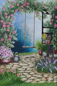 a painting of a garden with flowers on the ground and a swing in the background