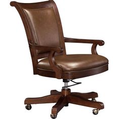 a brown leather office chair with casteors and wheels