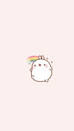 a white bunny with a rainbow on its head is standing in front of a pink background