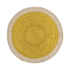 a yellow and white circular rug on a white background with space for text or image