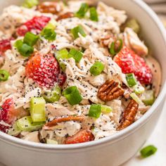 this strawberry pecan chicken salad is loaded with fresh fruit and seeds