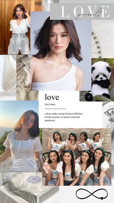 a collage of photos with the words love on them and pictures of women in white dresses