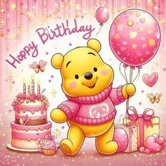 a happy birthday card with a teddy bear holding a balloon, cake and presents on the table