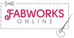 the logo for fabworkss online is shown in pink and grey with scissors