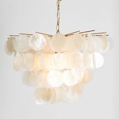 a chandelier made out of shells hanging from a chain on a white wall