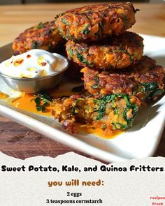 some food is on a white plate and has sauce in front of it with the words sweet potato, kale, and quinoa fritters you will need