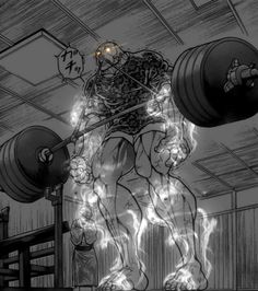 a cartoon character holding a barbell in the air with fire coming out of it