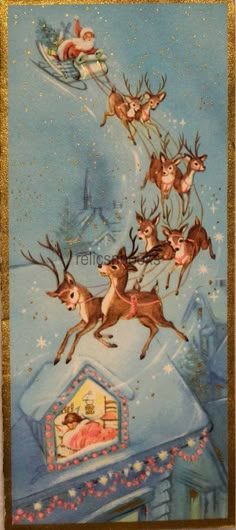 an old fashioned christmas card with santa and his reindeers flying through the sky over a house