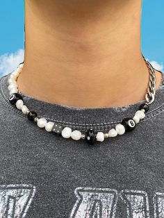 The 'MAGIC 8' half & half necklace is what you've been waiting for - from the freshwater pearls and lamp work charms to its stainless steel chain, this necklace is bound to make a statement. Pair the 'MAGIC 8' on its own or stack with 549's classic half & half pearl necklace to dress up any outfit! Made with freshwater pearls and black lamp work charms - magic 8 ball, dice, and mushroom. Stainless steel chain. Waterproof and rust-free. Available in lengths 14", 15", 16', 18", 20". All lengths co Man Beads Necklace, Man Beaded Necklace, Cool Pearl Necklace, 8 Ball Necklace, Handmade Jewelry For Men, Men’s Pearl Necklace, 8ball Necklace, Necklace Men’s, Men’s Beaded Necklace