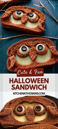 some kind of food with googly eyes on it and text overlay that says cute & fun halloween sandwich