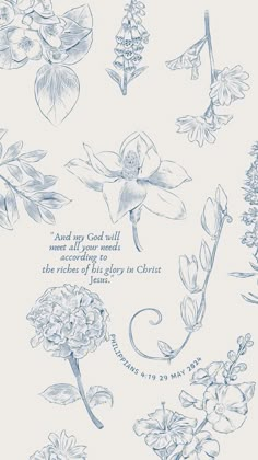 a blue and white drawing of flowers with the words, god will not be able to describe