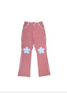 Our picnic pant is made for the person who has dreamed of matching their outfit to their gingham picnic blanket. the pants are made from cotton for a comfortable high waisted fit and are adorned with light blue flowers over the knees.    ibtisamat wears a size xl and is 5'6". Red Spring Bottoms For Picnic, Red Bottoms For Spring Picnic, Plaid Cotton Bottoms For Picnic, Gingham Cotton Pants, Red Bottoms For Summer Picnic, Red Summer Bottoms For Picnic, Plaid Straight Leg Pants For Spring, Gingham Wide Leg Cotton Bottoms, Gingham Cotton Wide Leg Bottoms