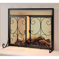 an iron fireplace screen with glass doors