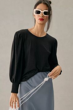 Nation LTD Loren Puff-Sleeve Tee | Anthropologie Black Puff Sleeve Top, Casual Thanksgiving Outfits, Black Friday Fashion, Mod Cloth, Nation Ltd, Anthropologie Top, Thanksgiving Outfit, Cotton Pullover, Winter Tops