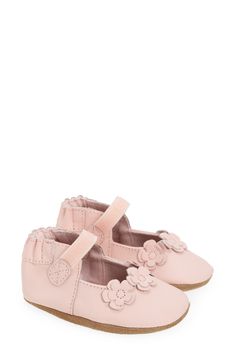 Die-cut flowers dance along the top of mary jane–style crib shoes made from smooth leather. Leather upper, lining and sole Imported Crib Shoe, Crib Shoes, Palm Beach Sandals, Cut Flowers, Smooth Leather, Girls Shoes, Mary Janes, Baby Shoes, Shoes Flats