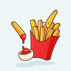 french fries with ketchup in a red container