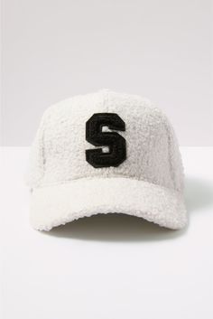 a white hat with the letter s on it's front and black letters on the side