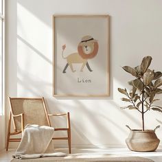 a room with a chair, potted plant and lion poster on the wall