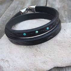 "Made from top quality vegetable tanned leather. Hand painted and stamped leather wrap around bracelet. It is embellished with natural Tibetan Turquoise cabochons. Bangle is 1 cm wide and with zamak clasp closure. Please measure carefully your wrist and select the most preferable size! If you need a diferent size, please let me know after purchase in \"note for seller\". Please visit to my another shop: https://www.etsy.com/shop/JeansBelt?ref=hdr_shop_menu FEDEX to USA and Australia! If you need Rustic Turquoise Leather Bracelet, Southwestern Leather Bracelet For Festival, Western Style Turquoise Leather Bracelets, Southwestern Style Leather Bracelets For Festivals, Turquoise Leather Concho Bracelets, Southwestern Hand Tooled Leather Bracelets, Unique Turquoise Leather Bracelets, Turquoise Leather Bracelet, Men's Leather Bracelet