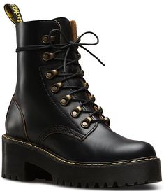 Dr. Martens Leona Smooth Leather Chunky Lug Sole Platform Heel Combat Boots | Dillard's Dr Martens Leona, Dr Martens Chelsea, Heel Combat Boots, Calf Length Boots, Doc Martens Style, Martens Style, Doc Martens Boots, Goth Boots, Doc Marten