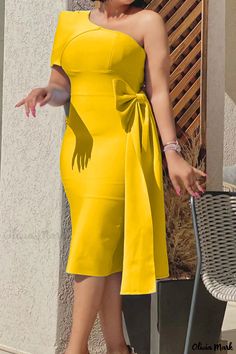 Olivia Mark - Yellow One-Shoulder Patchwork Pencil Skirt Dress with Exquisite Craftsmanship Dresses Dinner Party, Chic Dress Classy, Bow Tie Dress, Dresses Dinner, Pencil Skirt Dress, Yellow Midi Dress, Chic Party, Classy Dress Outfits, Dress Classy