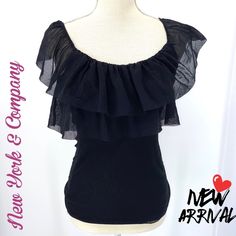 New York & Company Black Off The Shoulder Top. 100% Nylon The Measurements Are Approximately ; 14.5” Shoulder To Shoulder And 19” In Length Should You Have Any More Questions Regarding This Top Please Do Not Hesitate To Ask Thank You For Shopping My Closet. If Interested In Any Item Please Hit The “Buy Now” Or Send Me An Offer With The”Offer” Button Lisa Michelle #Dd4tops #Dd4missing Black Nylon Top For Night Out, Spring Black Nylon Tops, Spring Nylon Tops For Workwear, Spring Nylon Tops For Work, Black Nylon Tops For Summer, Black Nylon Top For Summer, Elegant Black Nylon Top, Cheap Fitted Black Off-shoulder Top, Black Ruffled Camisole Top