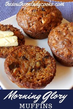 three muffins on a white plate with butter