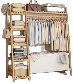 a wooden rack with clothes and bags on it