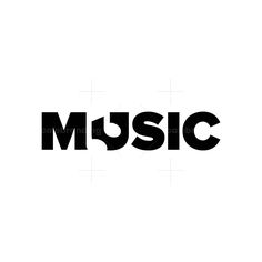 the word music written in black on a white background