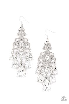 Queen Of All Things Sparkly White Rhinestone Chandelier Earrings - Paparazzi Accessories 2021 EMP Exclusive Very limited release, exclusively to consultants who attended Paparazzi's Empower Me Pink Spring training. Gradually increasing in size, glassy white teardrop gems create a dramatic fringe at the bottom of a decorative silver frame. The decorative frame swirls with dainty white rhinestones for a timelessly over-the-top sparkle. Earring attaches to a standard fishhook fitting. Sold as one p Paparazzi Accessories Jewelry, Sparkle Fashion, Rings Beads, Box For Jewelry, Metal Pendants, Bling Earrings, Gold And Silver Jewelry, Earrings And Rings, Boho Jewellery