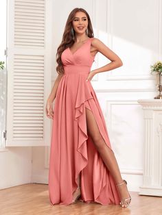 V-neck Maxi Dress For Wedding Guest During Prom Season, V-neck Maxi Dress For Wedding Guest And Prom, V-neck Bridesmaid Dress With Sweep Train For Wedding, Flowy V-neck Bridesmaid Dress For Wedding Guests, V-neck Bridesmaid Dress With Fitted Bodice For Prom, V-neck Bridesmaid Dress With Sweep Train For Prom, V-neck Bridesmaid Dress With Ruched Bodice For Prom, V-neck Maxi Dress With Ruched Bodice For Prom, Elegant V-neck Bridesmaid Dress For Prom