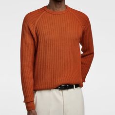 Zara Men’s Size Large Burnt Orange / Tan Color Ribbed / Knitted Pullover Sweater Nwt Casual Ribbed Wool Sweater, Brown Ribbed Crew Neck Sweater, Zara Casual Sweater With Ribbed Cuffs, Casual Zara Sweater With Ribbed Cuffs, Classic Zara Crew Neck Sweater, Brown Cotton Ribbed Sweater, Classic Brown Ribbed Sweater, Brown Knit Sweater With Ribbed Neckline, Casual Ribbed Brown Sweater