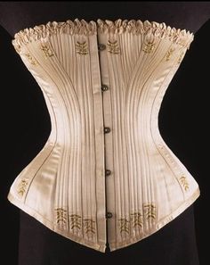 Victorian Corset, 1890. This is an example of a historical corset. This corset is very detailed but it could be worn underneath or on top of clothing. It would most likely be worn with a dress in the victorian era. It is similar that it had design detail added such as the embroidery and trim on top. They are a different shape than the modern corset we saw. Cassidy Brewer 4/10/16 Corset Dress Vintage, Edwardian Corsets, 1900 Fashion, Corset Styles, Fashion Corset, Grunge Dress