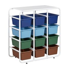 a white cart with six different colored bins