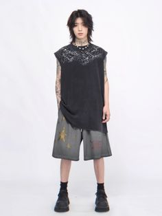 WN6559
■size(cm)




Length
 

Shoulder width
 

Chest
 




M


82


49


118




L


84


50.5


124




XL


86


52


130




■model
178cm 55kg XL Edgy Sleeveless Graphic Print T-shirt, Edgy Sleeveless Graphic T-shirt, Urban Style Washed Black Summer Tops, Black Sleeveless T-shirt For Streetwear, Black Graphic Print Crew Neck Tank Top, Black Relaxed Fit Tank Muscle Tee, Black Muscle Tee For Spring, Relaxed Fit Black Muscle Tank Tee, Black Baggy Short Sleeve Tops