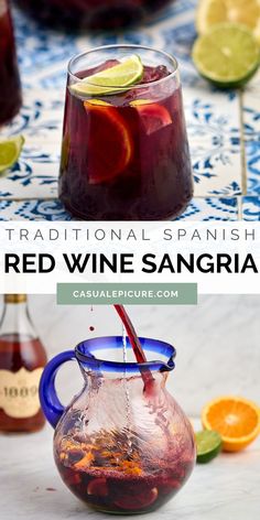 red wine sangria with orange slices and limes on the side, in a pitcher