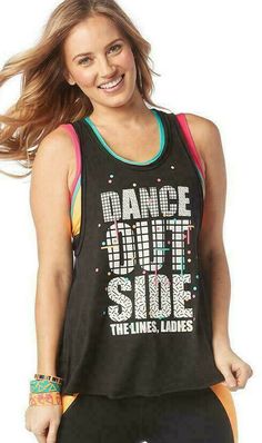 Zumba "Dance Outside The Lines Ladies" Loose Tank - Bold Black Z1T01705 size S Black Top With Graphic Print For Dance Class, Black Graphic Print Top For Dance Class, Black Summer Top For Dance Class, Black Graphic Print Tops For Dance, Stretch Black Tops For Dance, Black Stretch Tops For Dance, Fitted Black Top For Dance Class, Stretch Black Top For Dance Class, Black Stretch Top For Dance Class