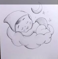 a drawing of a baby sleeping on top of a cloud with the moon in the background