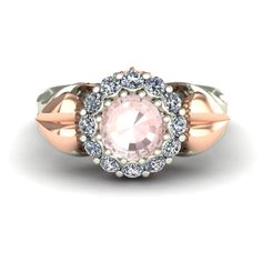 Morganite two tone flower ring with pink diamonds in 14k rose and white gold Two Tone Ring, Pink Diamonds, Floral Ring, Pink Morganite, Gold Leaves, Flower Rose, Pink Ring, Peachy Pink, Flower Ring