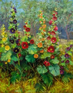 an oil painting of colorful flowers in the grass