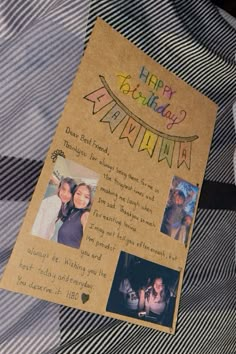 a happy birthday card with pictures on it and a message written in the bottom right corner