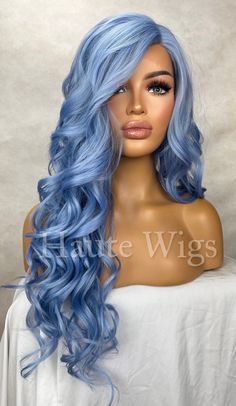 Light Blue Wig, Icy Blue Hair, Baby Blue Hair, Side Parting, How To Wear A Wig, Wig Curly, Blue Wig, Quality Wigs, Baby Hairs