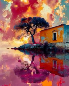 a painting of a house and tree in the middle of water with colorful clouds above it