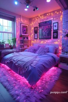 a bed with pink lights in a bedroom next to a brick wall and flooring