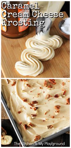 caramel cream cheese frosting in a baking pan