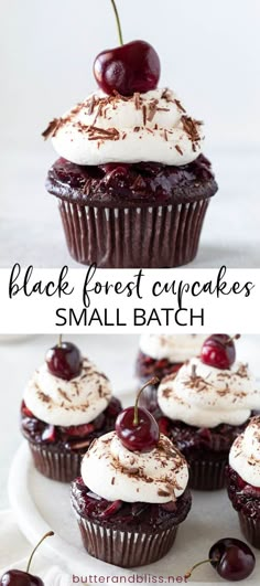 black forest cupcakes with white frosting and cherries on top are shown