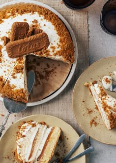 two plates with desserts on them and one has a piece missing from the cake