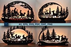 four different silhouettes of christmas scenes in the shape of snow globes